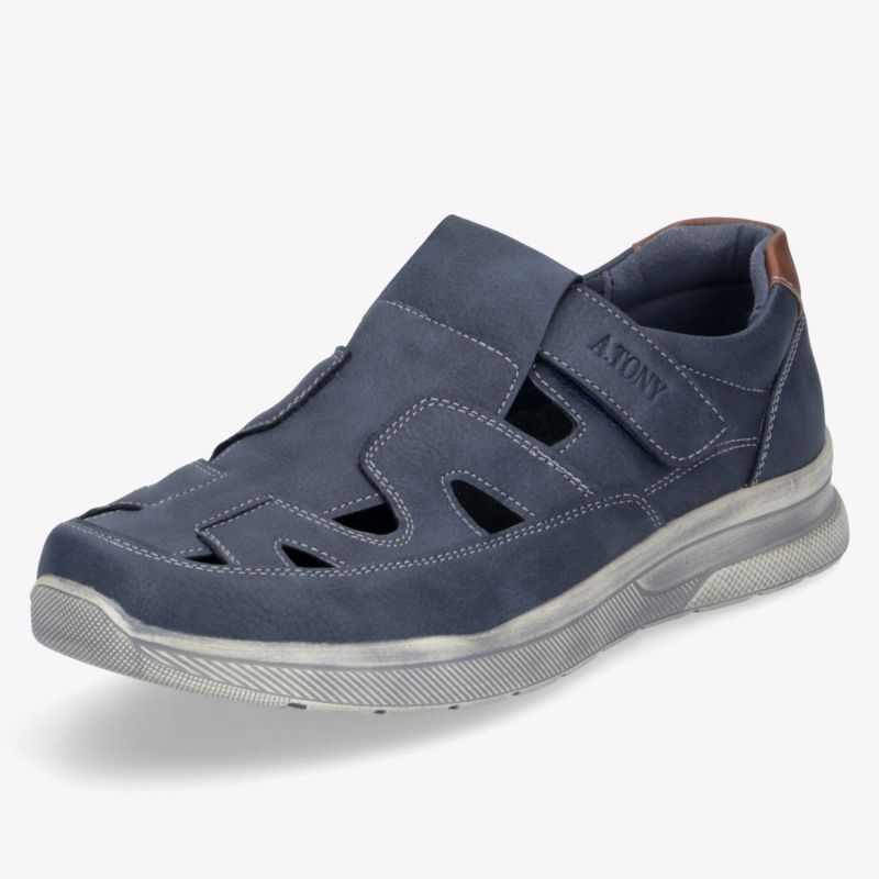 Bequemer blau-schwarzer Schuh mit atmungsaktivem Design und Klettverschluss, ideal für Alltag und Freizeit.