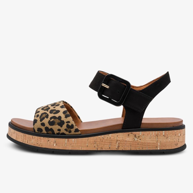 Seitlich sichtbare Sandale mit verstellbarem Riemen, Leopardenmuster und komfortabler Korksohle