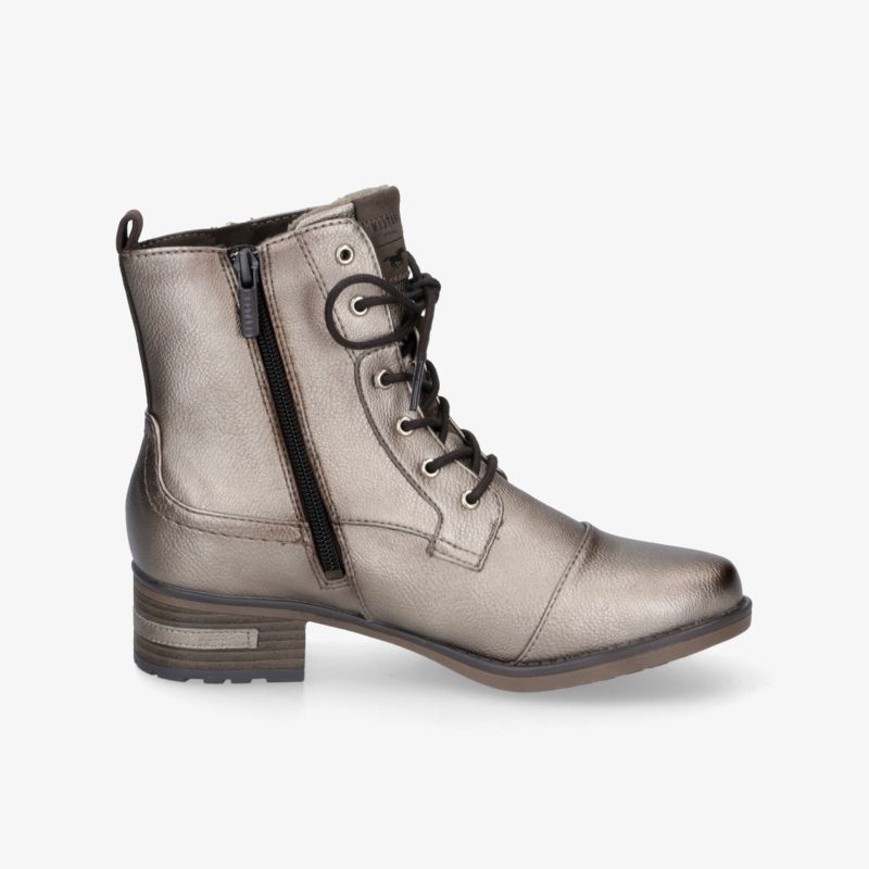 Seitlich abgebildeter grauer Stiefel mit Schnürung und seitlichem Reißverschluss, robuster und modischer Komfort