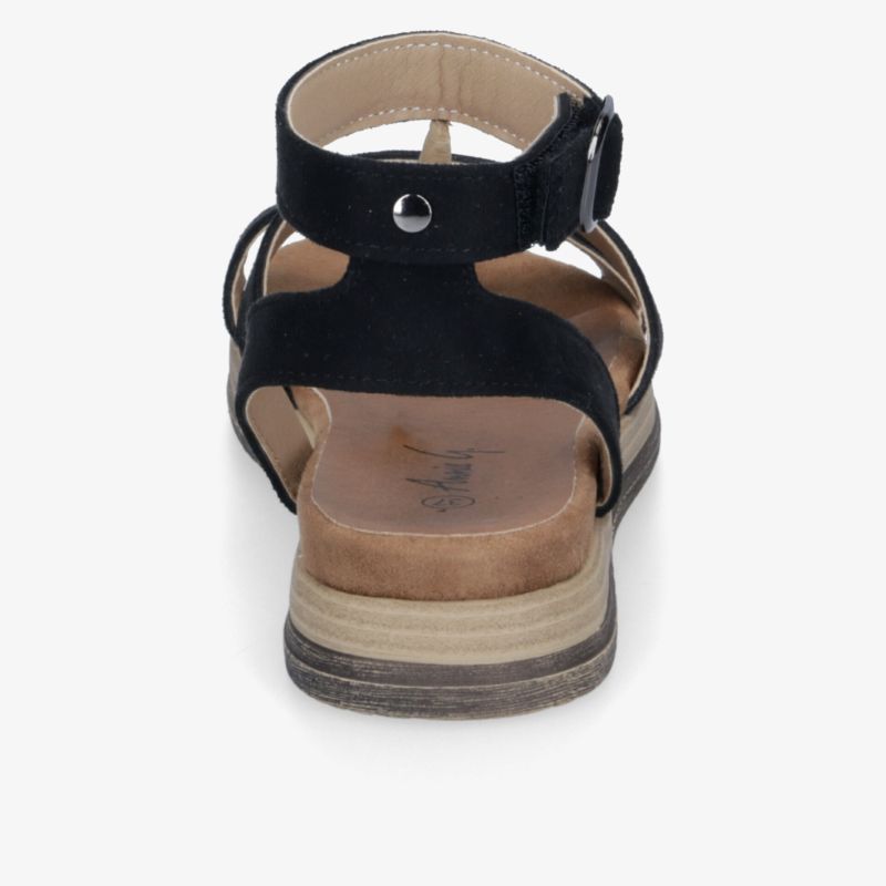 Stilvolle schwarze Sandale mit bequemer Sohle und verstellbarem Fersenriemen für optimalen Komfort und Halt.