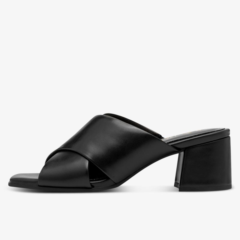 Elegante schwarze Ledersandalen mit bequemem Absatz und modernem Design für vielseitigen Stil.