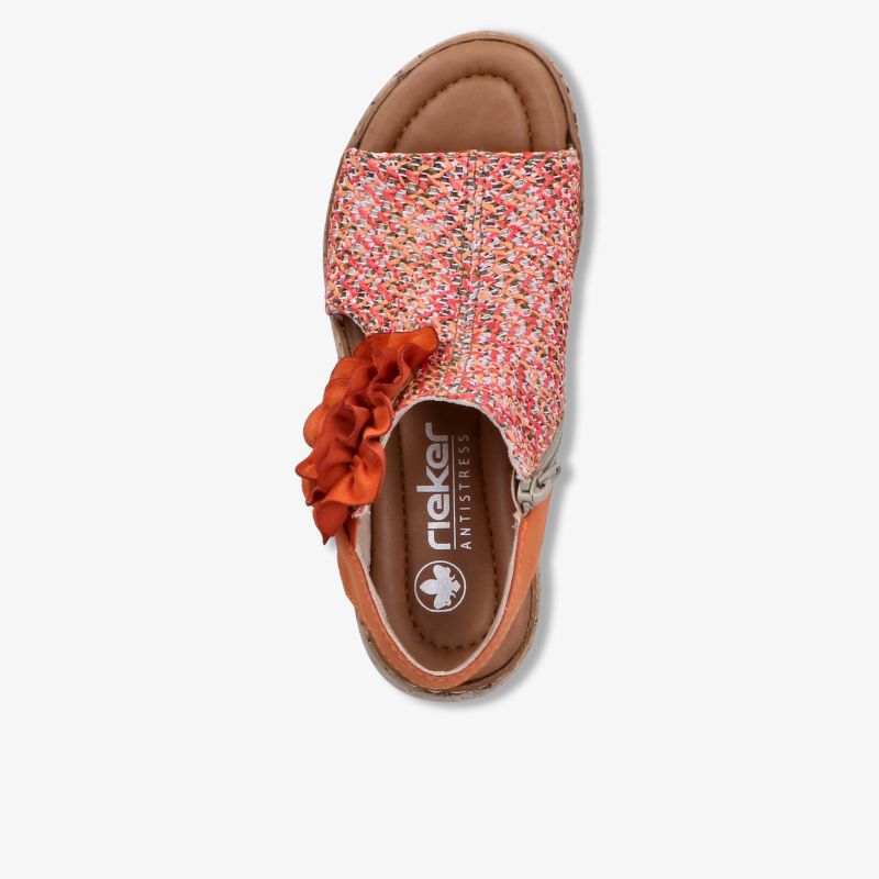Offener Schuh mit gepolstertem Fußbett und dekorativem Blumenapplikation, florales Design, bequemer Sommerschuh