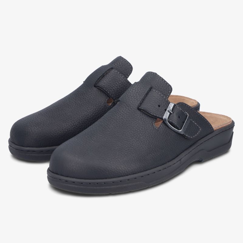 Bequeme schwarze Clogs mit verstellbarem Riemen und robuster Sohle, ideal für Freizeit und Alltag