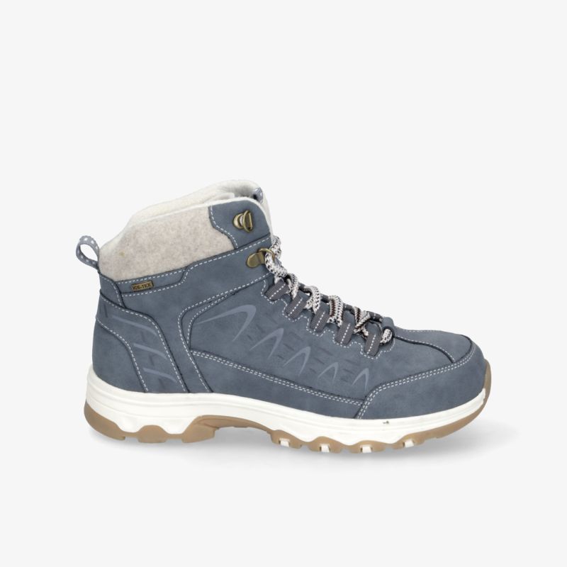 Robuster blauer Outdoor-Schuh mit gepolsterter Knöchelstütze und rutschfester Profilsohle, seitliche Ansicht
