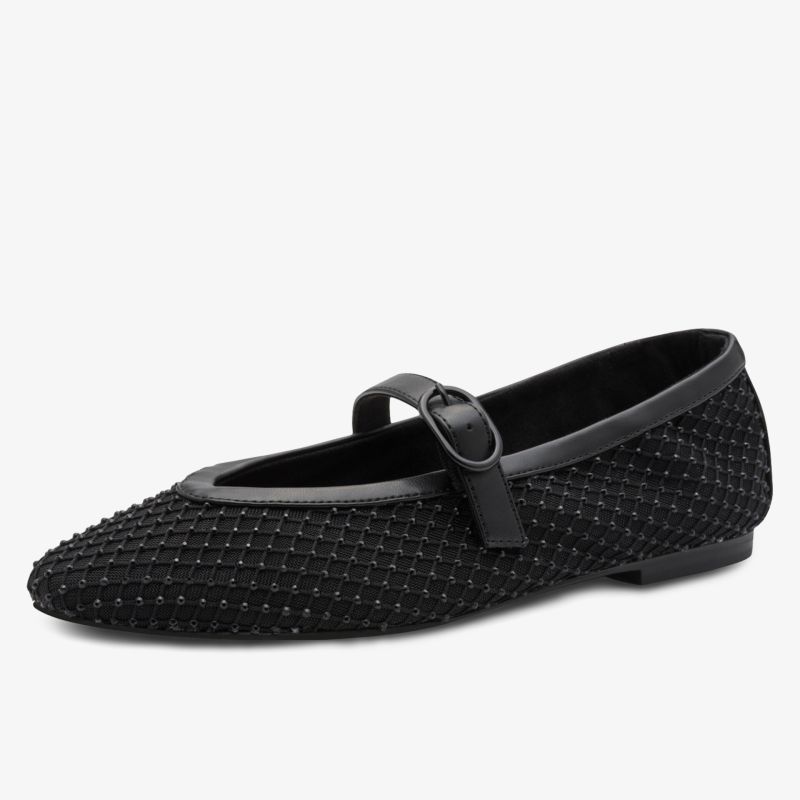 Eleganter schwarzer Schuh mit Riemchen und flacher Sohle, ideal für jeden Anlass