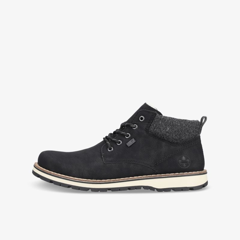 Robuster schwarzer Schuh mit gepolstertem Schaft und langlebiger rutschfester Sohle, ideal für den Alltag.