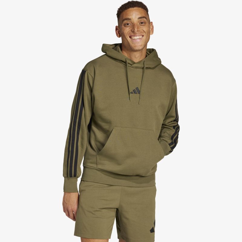 Bequemer und sportlicher olivgrüner Kapuzenpullover mit gestreiften Ärmeln und praktischer Kängurutasche