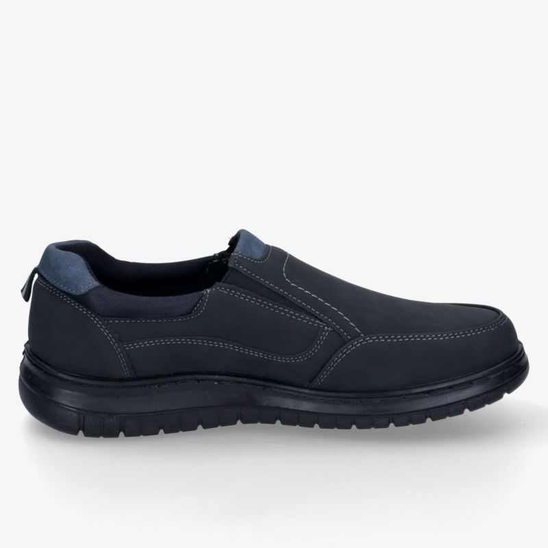 Schwarzer Slip-On Schuh seitliche Ansicht mit robustem Profil und komfortabler Passform in hochwertiger Verarbeitung