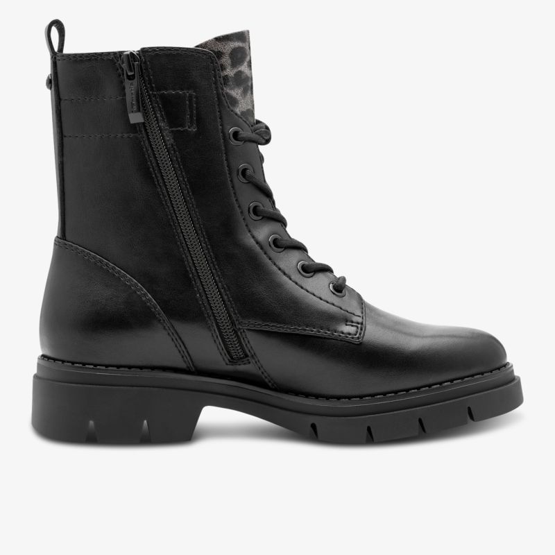 Schwarzer robuster Leder-Stiefel mit Schnürung und Reißverschluss, profilierte Sohle für guten Halt