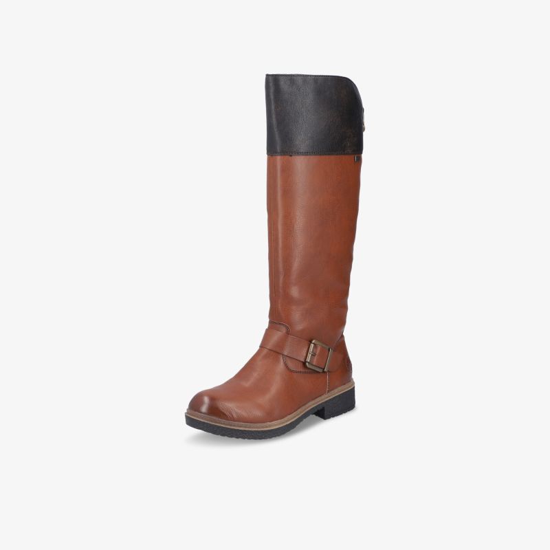 Knielanger brauner Stiefel mit schwarzem oberen Schaft, flachem Absatz und dekorativer Schnalle, robuste und komfortable Verarbeitung