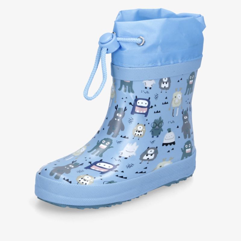 Wasserfester Kinder-Regenstiefel mit rutschfester Sohle und verstellbarem Schnürzug in blau mit buntem Monsterdesign