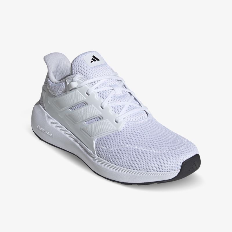 Weißer Sportschuh, schräg von vorne, atmungsaktives Material, bequem und leicht für sportliche Aktivitäten