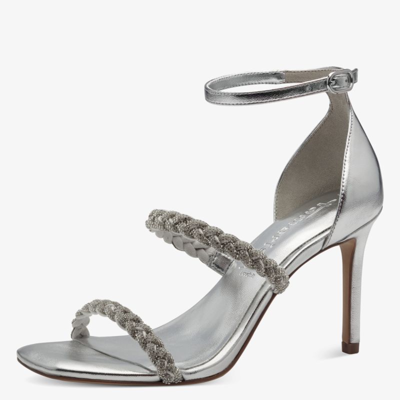 Eleganter silberner High Heel mit hohem Absatz und raffinierten perlbestickten Riemen für stilvollen Auftritt