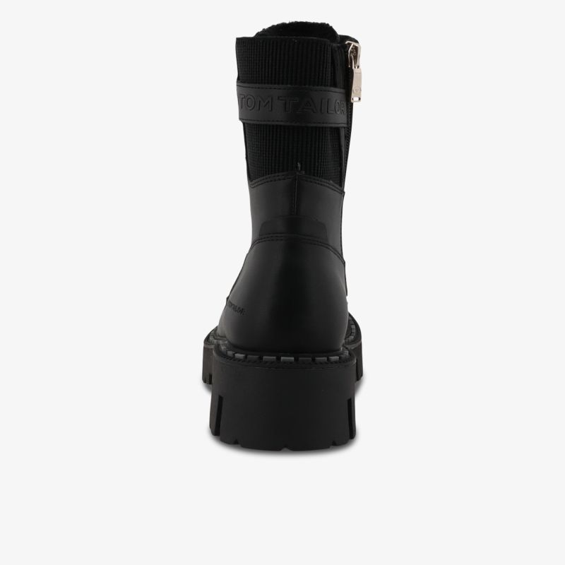 Schwarzer robuster Schuh mit hohem Schaft und stabiler Sohle, Rückansicht mit Reißverschluss