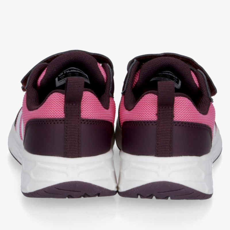 Rückansicht von Sportschuhen mit komfortablem Klettverschluss und stabiler, profilierter Sohle in Pink und Dunkelrot
