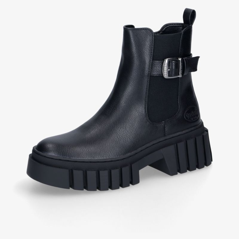 moderner schwarzer Chelsea-Stiefel mit dicker profilierter Sohle und verstellbarem Riemen vorne seitlich