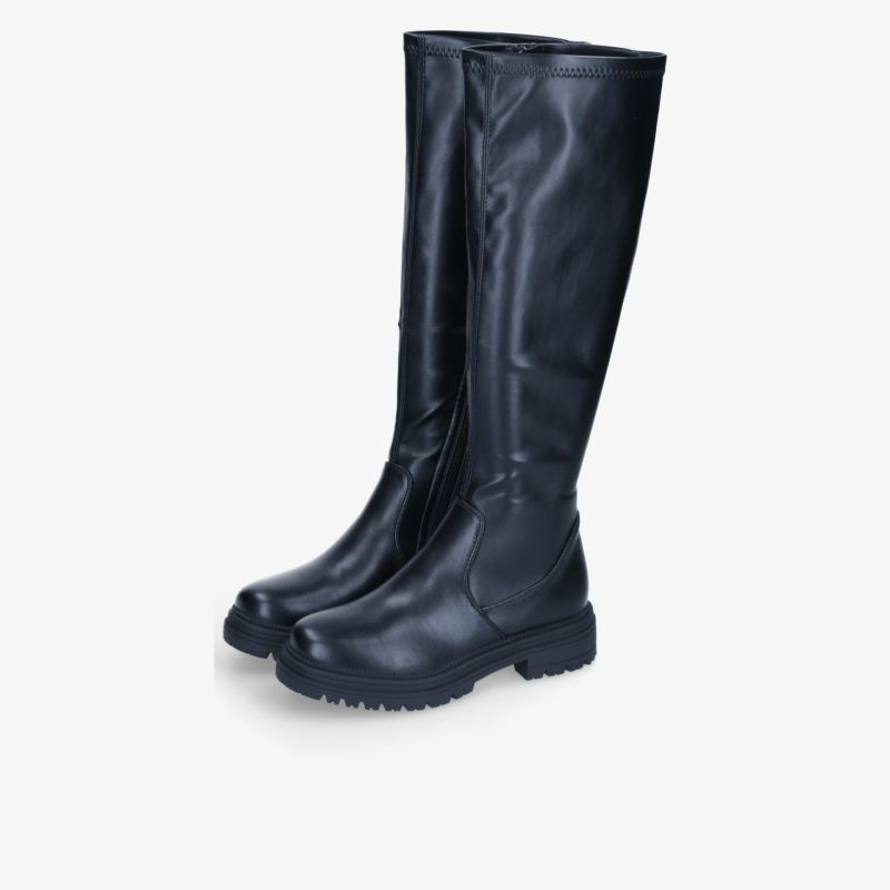 Robuster schwarzer hoher Stiefel mit glattem Material und rutschfester Sohle für komfortablen Tragekomfort