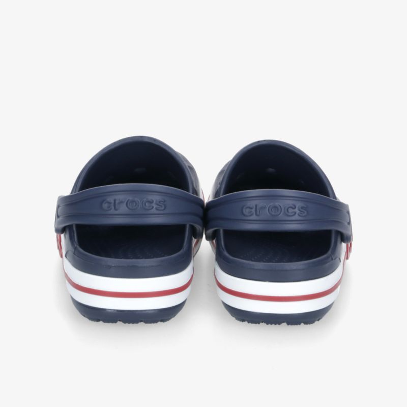 Bequeme navyblaue Clogs mit weiß-roten Streifen, rutschfeste Laufsohle und strapazierfähigem Material