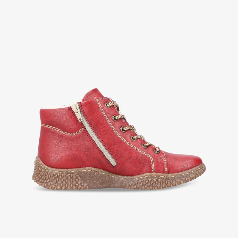 Seitlich abgebildeter roter Sneaker mit mittelhohem Schaft, Reißverschluss und robuster, strukturierter Sohle