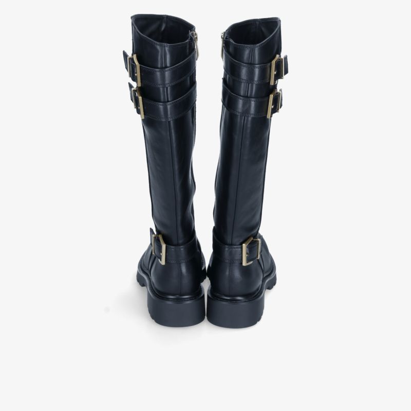 Elegante Stiefel mit hohem Schaft und verstellbaren Schnallen in dunklem Blau, robuste Sohle sichtbar