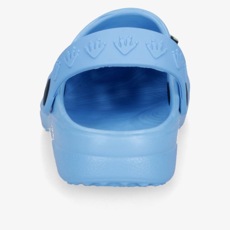 Blauer leichter Schlupfschuh mit ergonomischem Riemen für sicheren Halt und bequemen Tragekomfort hinten sichtbar