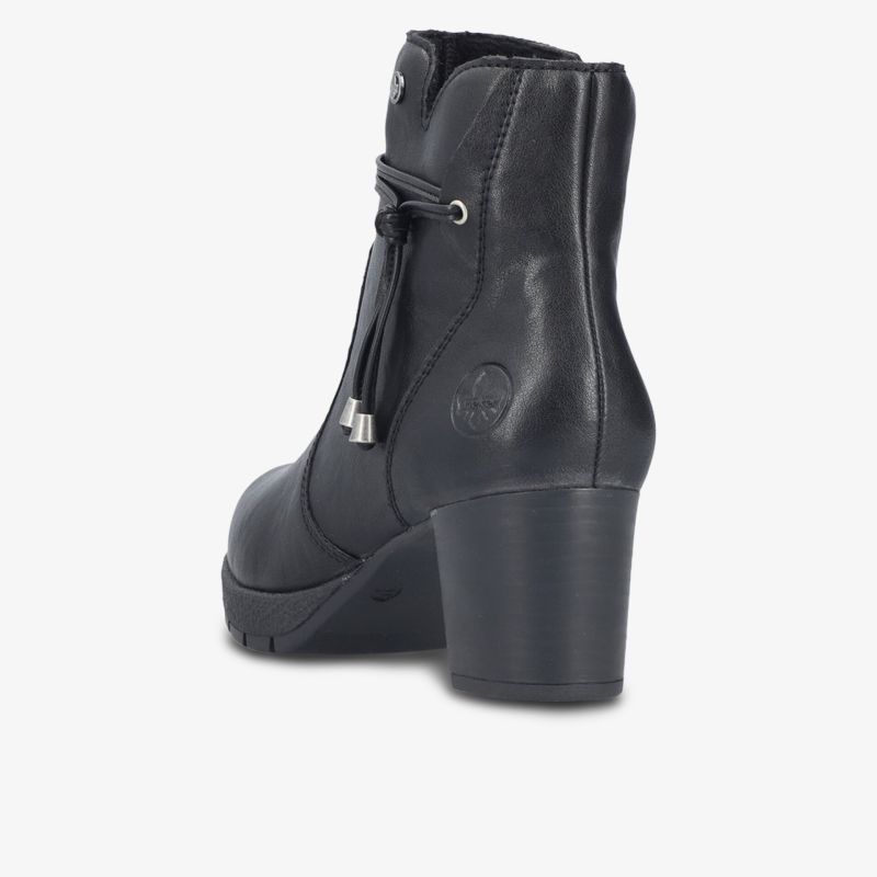 Modische schwarze Leder-Stiefelette mit bequemem Blockabsatz und dekorativer Schnürung