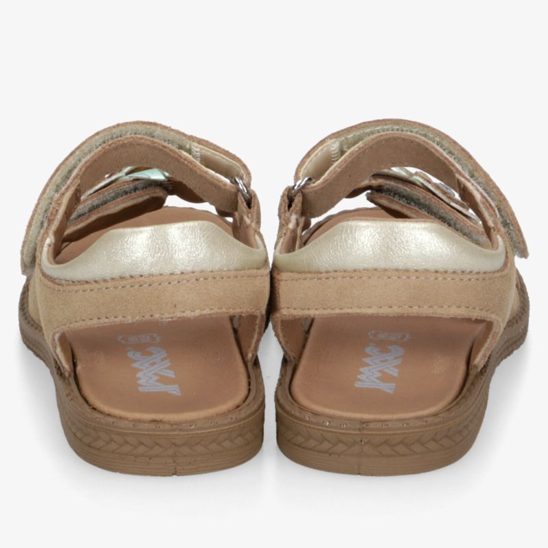 Bequeme beige Sandalen mit verstellbaren Klettverschlüssen und robuster rutschfester Sohle, Paaransicht von hinten