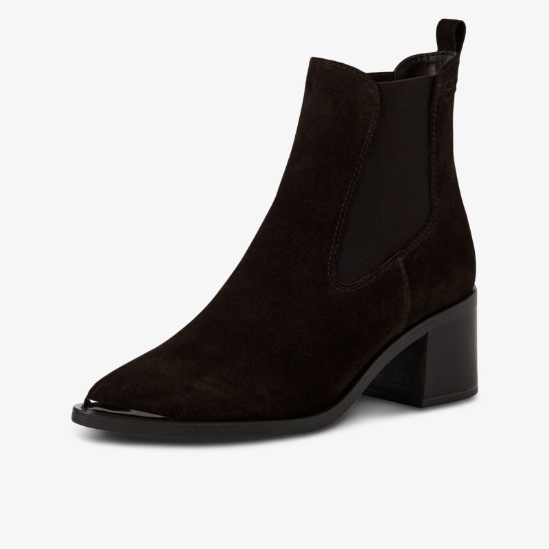 Eleganter Chelsea Boot aus samtigem Wildleder mit spitzer Zehenpartie und stabilem Blockabsatz