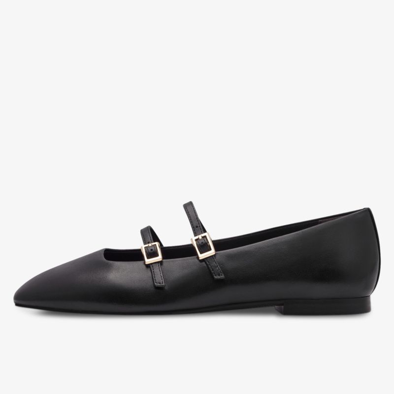 Schwarzer spitzer Lederschuh mit zwei Riemen und Schnallen, flaches Design, elegante Optik