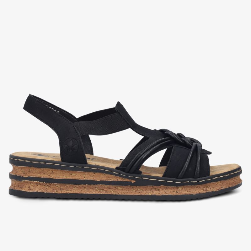 Bequeme schwarze Sandale mit elastischen Riemen und leichter, flexibler Plattform für angenehmes Tragen