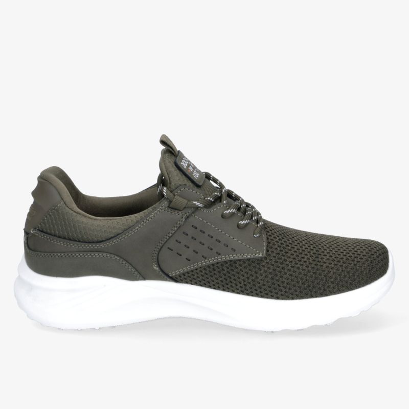 seitliche ansicht eines olivgrünen, atmungsaktiven sneakers mit weißer, leichter und flexibler dämpfungssohle