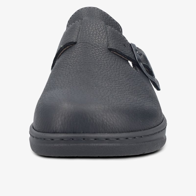 Schwarz grauer Schuh aus robustem Leder mit verstellbarer Schnalle in Frontansicht