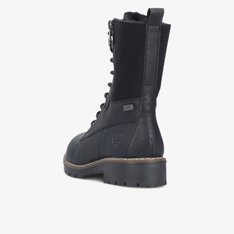Schwarzer robuster hoher Stiefel mit Schnürung und seitlichem Reißverschluss, Profilsohle und stabiler Form