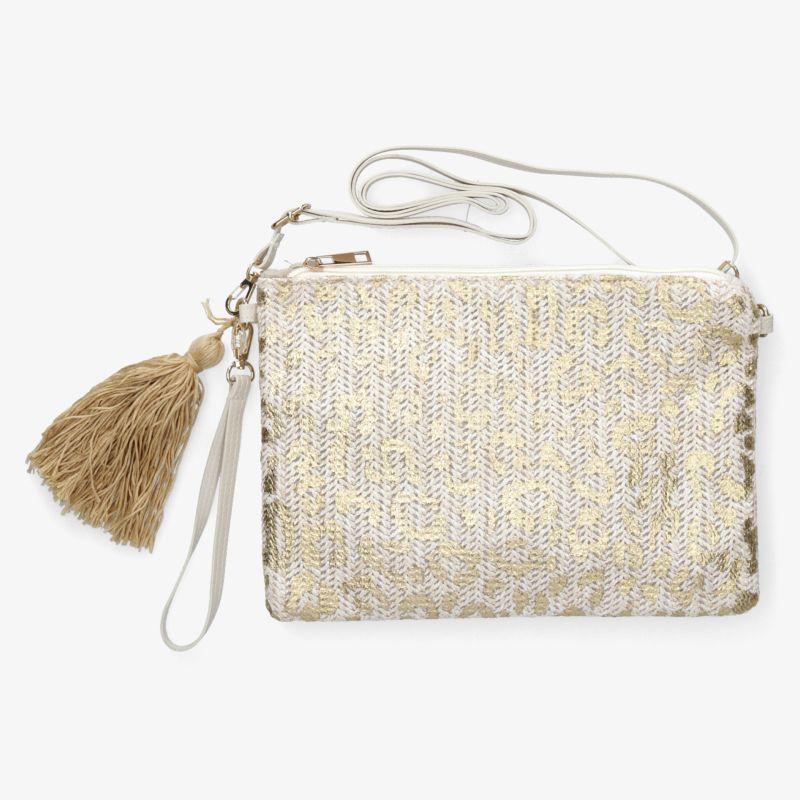 Elegante glitzernde Handtasche mit Quaste und Reißverschluss, kompakt und modisch im liegend oben Blickwinkel