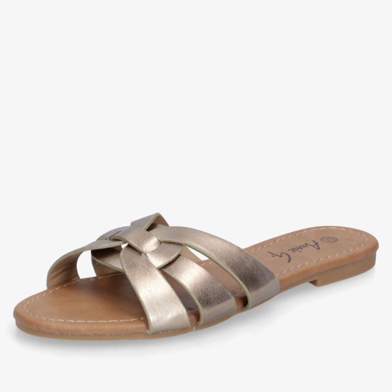 Elegante flache Sandale mit metallischen Riemen, offen und leicht, ideal für bequemes und modisches Tragen