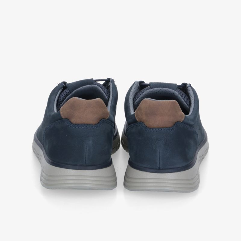 Robuste und komfortable Schuhe in Blau mit grauer Sohle, gepolstert für optimalen Tragekomfort, Rückansicht
