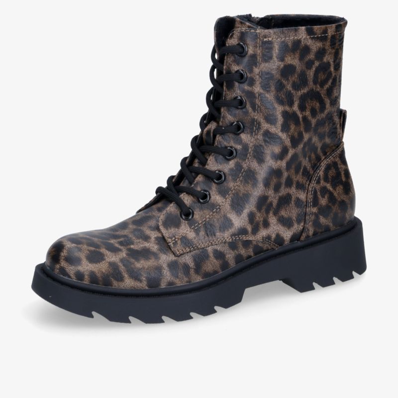 Modische Stiefelette mit auffälligem Leopardenmuster und robuster Profilsohle für sicheren und stylischen Auftritt.