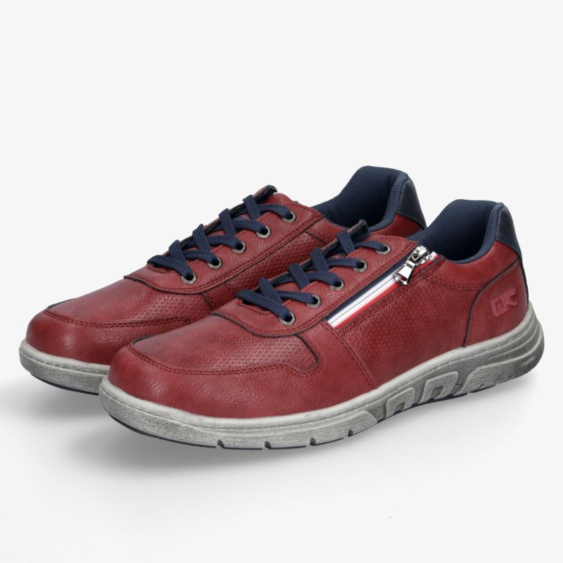 Rote Sneakers mit seitlichem Reißverschluss, gepolstertem Innenraum und robuster grauer Sohle im Paar