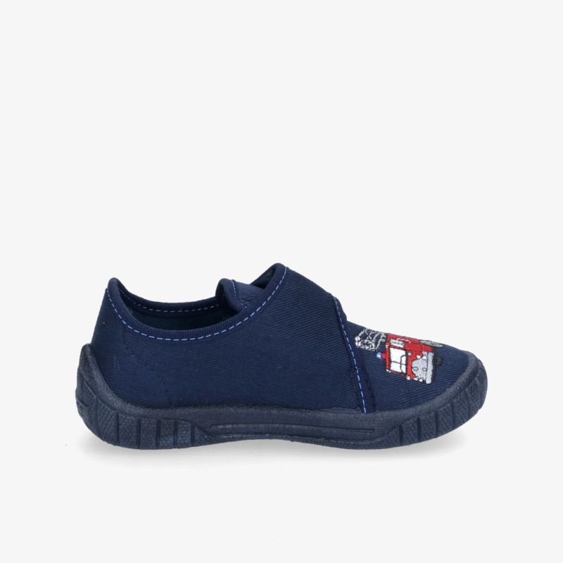Bequemer blauer Hausschuh mit rutschfester Sohle und stylischem besticktem Design für optimalen Komfort.