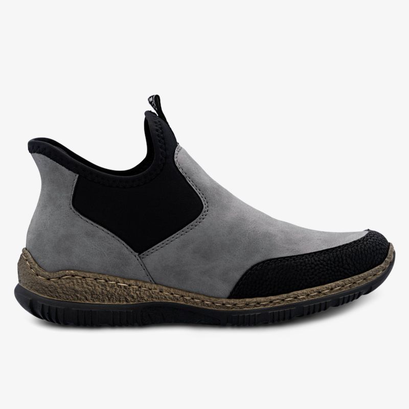 Grauer lässiger Schuh mit elastischem Einsatz und flexibler Sohle für komfortables Tragen