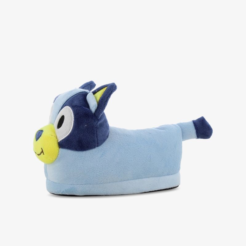 Weiche und kuschelige blaue Hausschuh-Slipper in Form eines Hundes mit gelben Details, bequem und flauschig