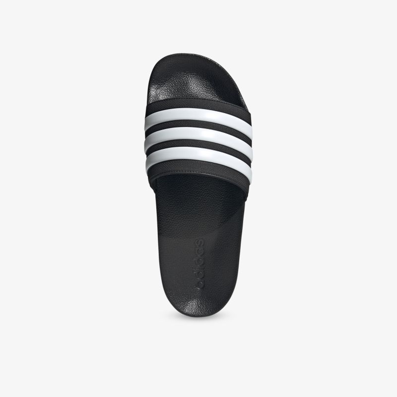 Schwarze Badelatschen mit weißen Streifen, bequem und rutschfest, ideal für Freizeit und Wassersport