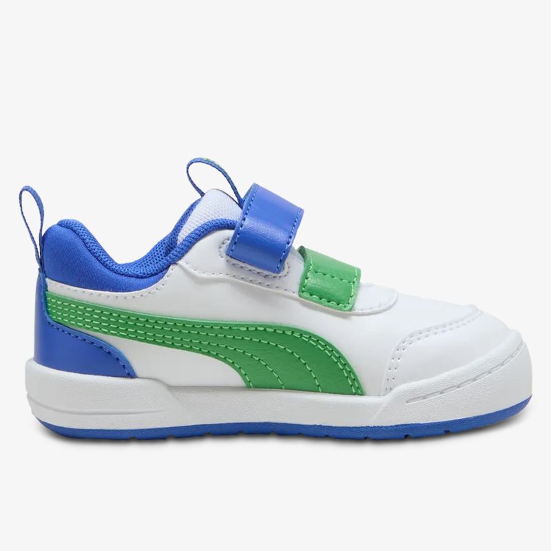 Leichter Sneaker mit bequemem Klettverschluss, atmungsaktivem Material und rutschfester Sohle in moderner weiß-grün-blauer Farbkombination