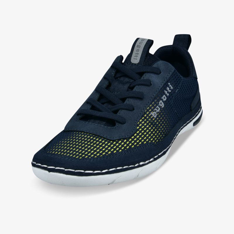 Sportlicher dunkelblauer Schuh mit atmungsaktivem Netz, flexibler Schnürung und rutschfester Sohle