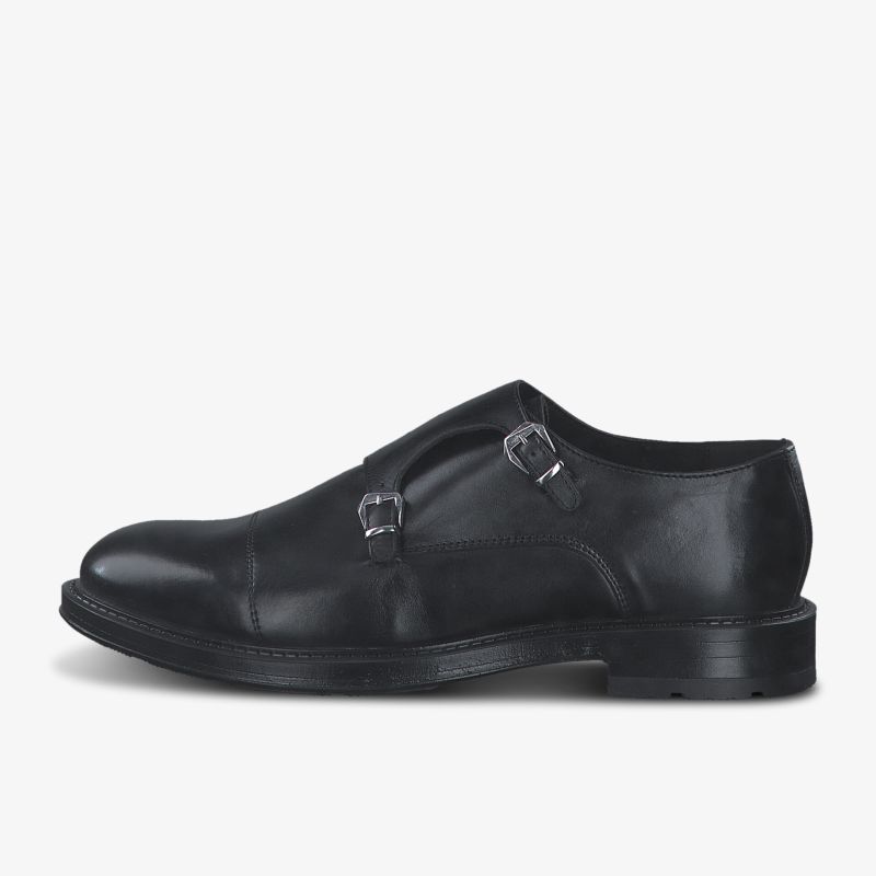 Eleganter schwarzer Monkstrap-Schuh aus hochwertigem Leder mit doppelt verstellbarer Schnalle und zeitlosem Design.