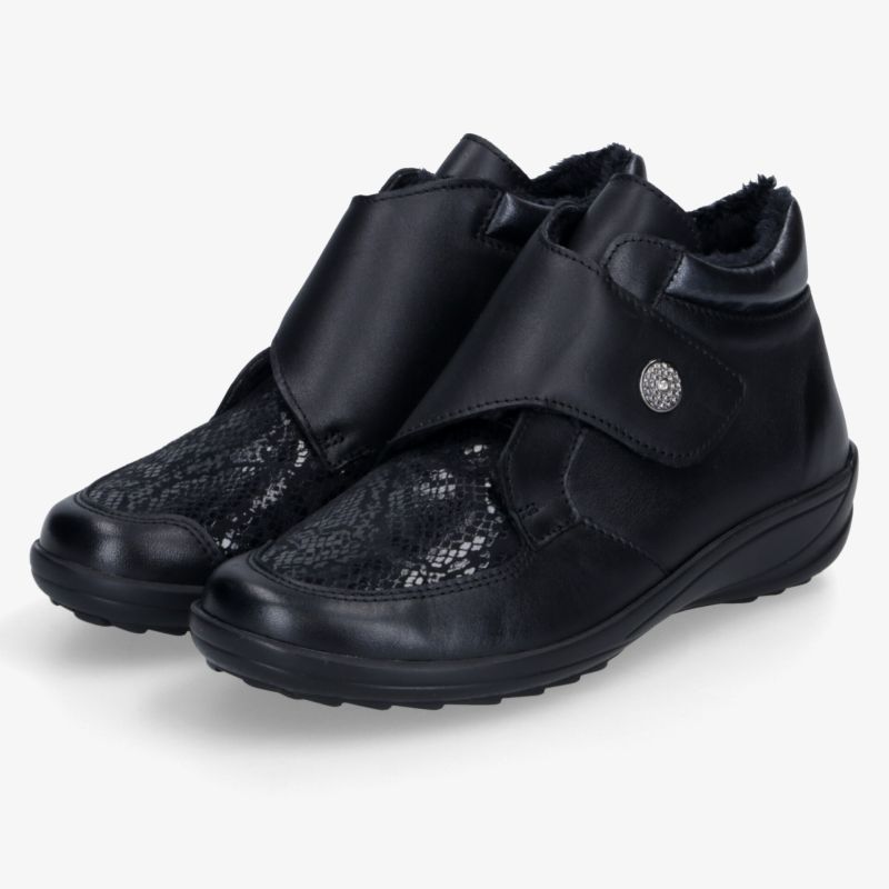 Schwarze warme Winterstiefel mit gepolstertem Verschluss und rutschfester Sohle, komfortabel und robust gestaltet