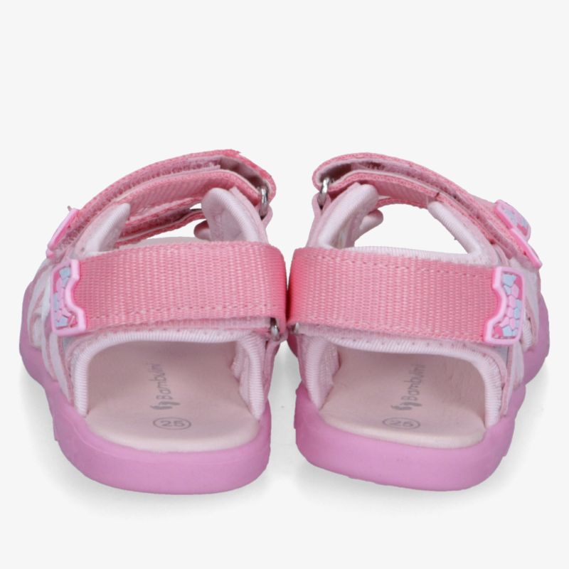 Leichte, bequeme pinke Sandalen mit gepolsterter Innensohle und verstellbaren Riemen, Rückansicht eines Paares