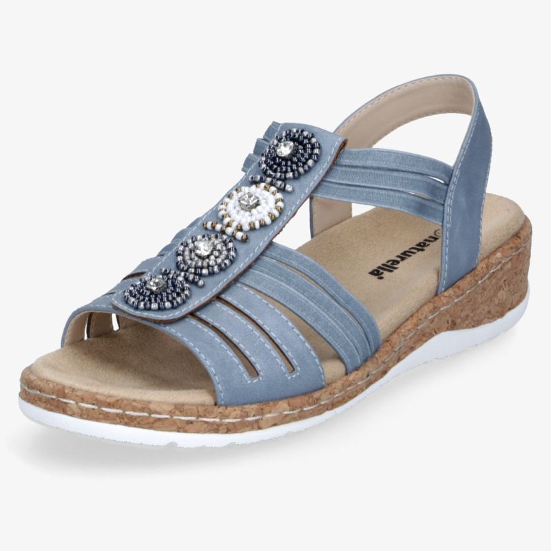 Blaue Sandale mit dekorativen Schmucksteinen und bequemem Absatz aus Kork.