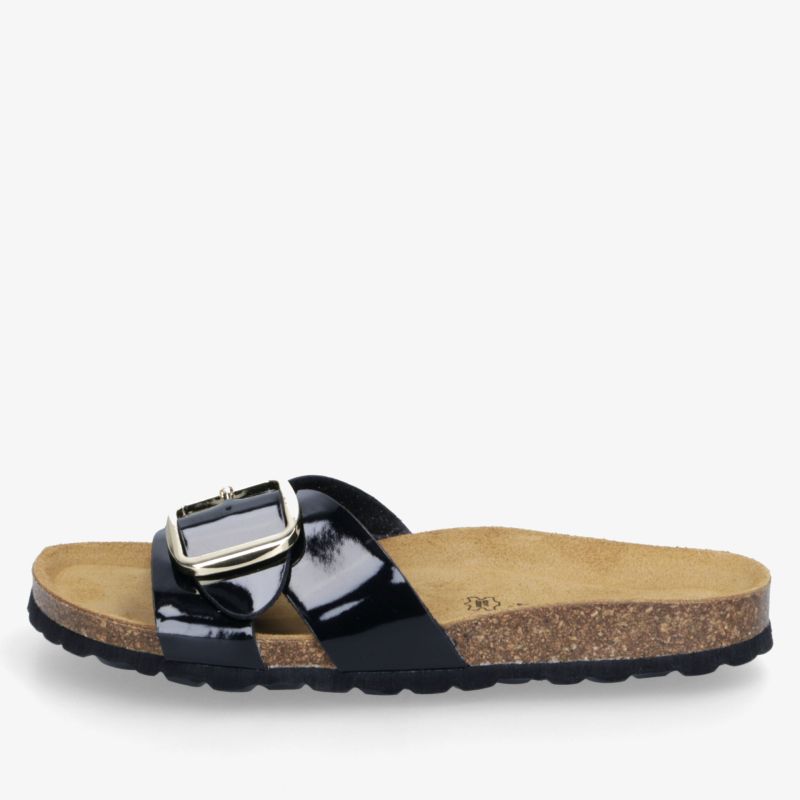 Schwarze Pantolette mit weicher Kork-Fußsohle und verstellbarem Riemen für optimalen Tragekomfort