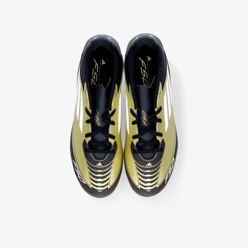 Moderner Sportschuh in Gold und Schwarz mit Schnürsenkeln, leichter und komfortabler Aufbau, Draufsicht